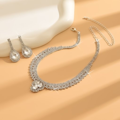 European and American fashion all-match bridal suit necklace women's simple full diamond drop-shaped ornament Jewelry set - 图片 2