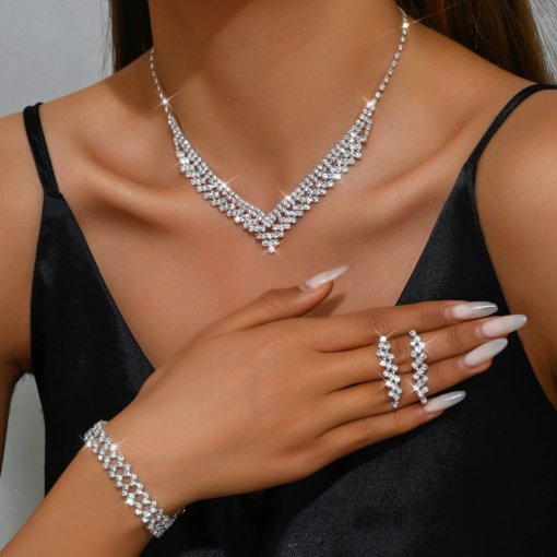 2024 European and American exquisite diamond clavicle necklace earrings simple elegant dress wedding all-match suit three-piece set - 图片 4