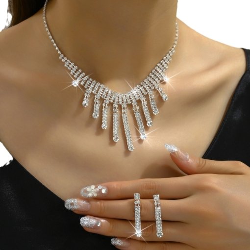 New Bright full diamond rhinestone irregular necklace and earrings suite Bride wedding jewelry simple temperamental all-match sets - 图片 5