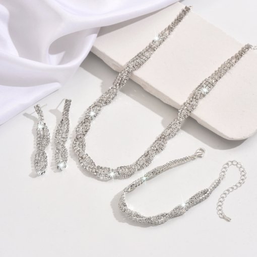 Cross-border hot selling claw chain rhinestone necklace and earrings suite four-piece woven necklace clavicle chain dinner accessories for women - Image 5