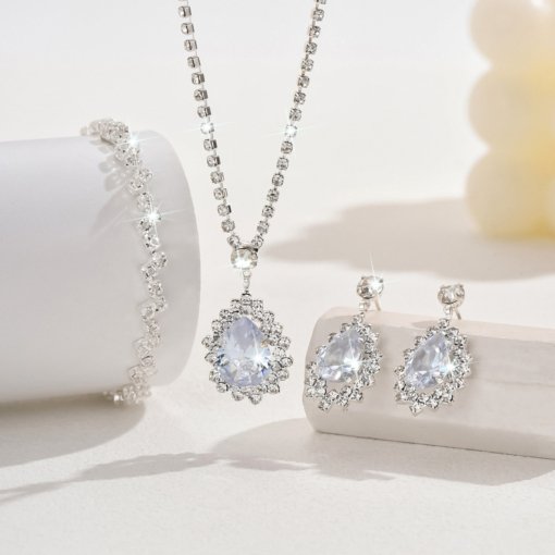Bridal Europe and America cross border jewelry zircon water drops necklace earring bracelet accessories set meet women's daily party - Image 2