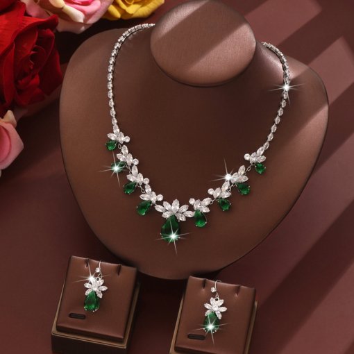 European and American court antique style green zircon necklace and earring suit short clavicle chain female ins formal dress accessories - 图片 4