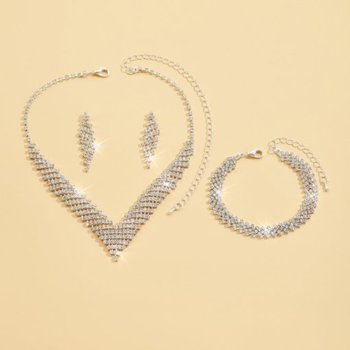 Wedding party accessories V-shaped inlaid rhinestone Silver Women's necklace earrings suit Flower Shadow - 图片 2