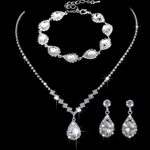 Bright full rhinestone zircon water drop necklace eardrops bride wedding jewelry shooting jewelry suit wholesale - 图片 14