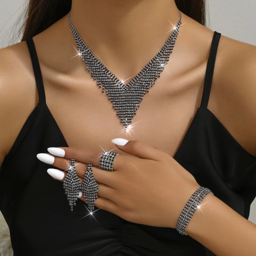 Hot selling cross-border women's jewelry fashion black tassels crystal stone silver necklace earrings 2-piece set - Image 2