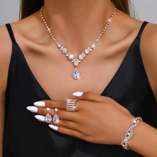 Europe and America cross border hot sale necklace earring set party banquet jewelry ornament bridal wedding rhinestone necklace earrings - 图片 4