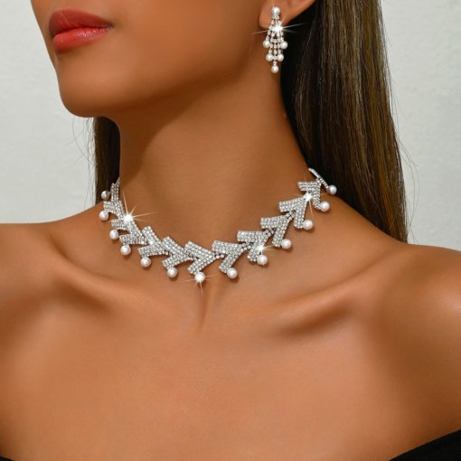 Europe and America cross border luxury shiny rhinestone pearl necklace two-piece earrings set bridal jewelry suit wedding suit - Image 2