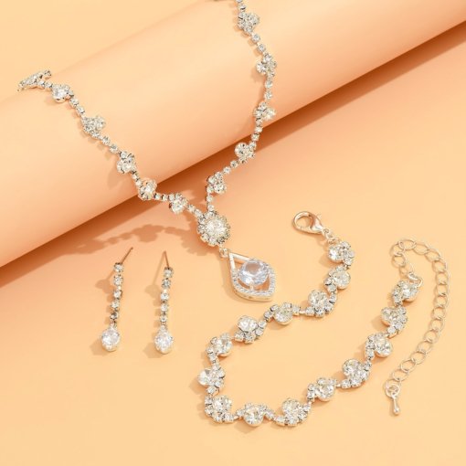 2025 cross-border brand new rhinestone tassel wedding ladies ornament silver claw chain necklace earring bracelet three-piece set - Image 5