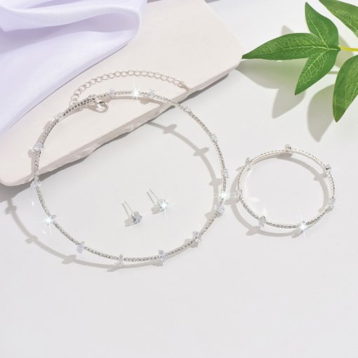 European and American luxury fully jeweled loving heart triangle geometric zircon collar bracelet earrings fashion refined and simple beam necklace - 图片 6