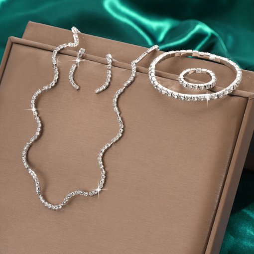 European and American fashion and fully-jewelled shiny necklace earring ring bracelet suit bridal necklace earrings five-piece set ornament - Image 3