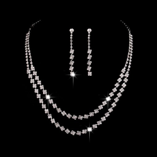 Amazon ornament wholesale hot sale double-layer rhinestone suit necklace earring bracelet women's wedding match - Image 6