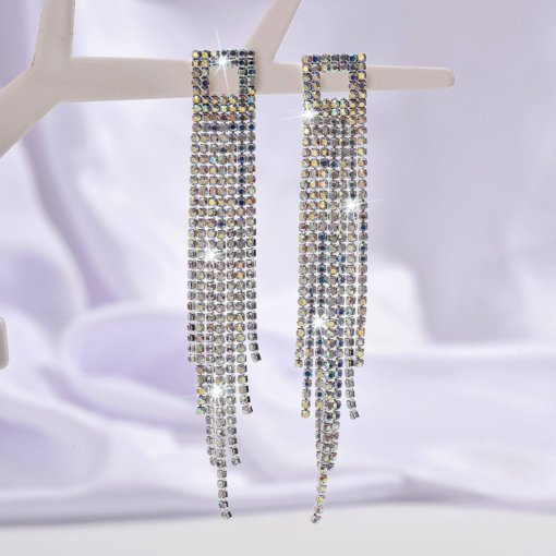 New European and American style Super Flash AB diamond long fringe earrings women's fashion luxurious style ear studs bridal ear jewelry - 图片 3