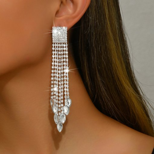 Long full rhinestone tassel earrings exaggerated fashionable earrings light luxury advanced European and American hot ear rings wholesale - 图片 3