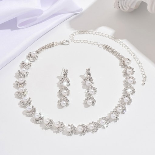 Cross-border hot European and American rhinestone Pearl bridal necklace bracelet three-piece jewelry fashion and fully-jewelled earrings exaggerated - 图片 5