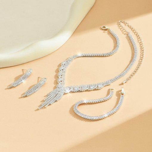 Fashion simple loose diamond zircon jewelry suit wedding accessories temperament bride necklace earring bracelet suit - Image 4