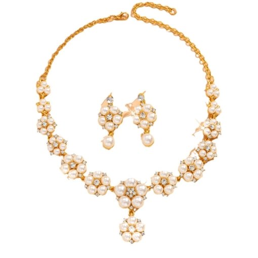 Fashion korean style personality imitation pearl necklace and earrings suite full diamond flower women's temperament bride formal dress accessories - Image 5
