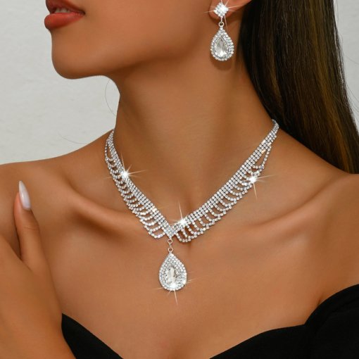 European and American entry Lux water drop necklace and earrings suite wedding accessories fashion bridal jewelry set Christmas wedding - 图片 2