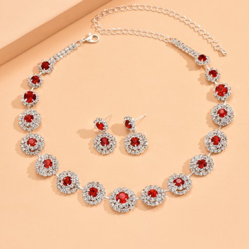 Cross-border hot jewelry suit luxury wedding party women's ornament round rhinestone quartz necklace and earring suit suit - 图片 8