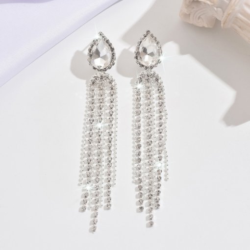 Europe and America cross border luxury inlaid zircon long fringe earrings women's high-end fashion claw chain shiny diamond ear studs earrings - 图片 5