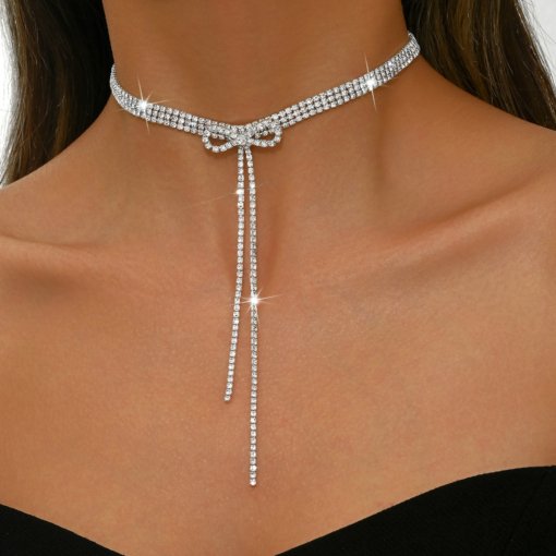 Niche high-grade bow full rhinestone tassel necklace clavicle chain female personality necklace INS cold style accessories