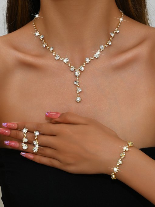 2024 cross-border fashion crystal rhinestone necklace ear stud bracelet ring jewelry wedding decoration all-match bride suit - 图片 14