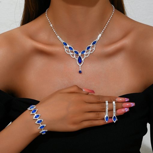 Fashionable simple full diamond Super Flash drop-shaped mesh necklace earrings bracelet ornament bridal elegant accessories