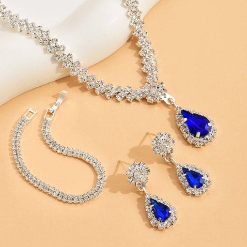2024 new accessories wholesale metal diamond-studded necklace earrings two pieces/Three Pieces wedding bridal jewelry suit - 图片 3