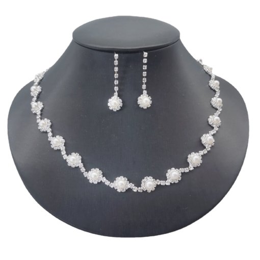 Cross-border jewelry suit new hot simple claw chain rhinestone quartz inlaid pearl bridal necklace three-piece earrings set - 图片 5