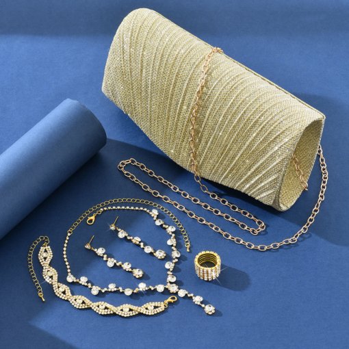 Bridal jewelry suit fashion simple rhinestone bracelet eardrop necklace Pu hand bag dinner bag six-piece set - Image 6