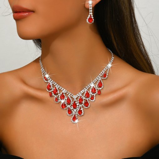 Foreign trade jewelry European and American diamond water drop necklace fashion personality necklace bridal evening dress necklace 2 pieces suit - Image 8