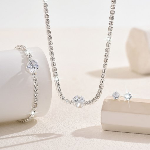 Cross-border hot sale foreign trade ornament light luxury High sense crystal Zircon simple necklace stud earrings/bracelets collarbone necklace set - 图片 3