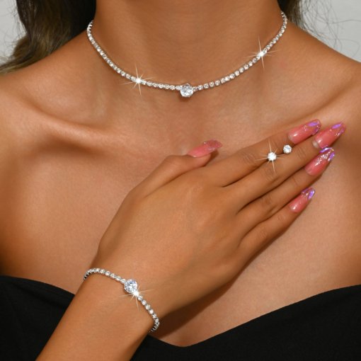 Cross-border hot sale foreign trade ornament light luxury High sense crystal Zircon simple necklace stud earrings/bracelets collarbone necklace set