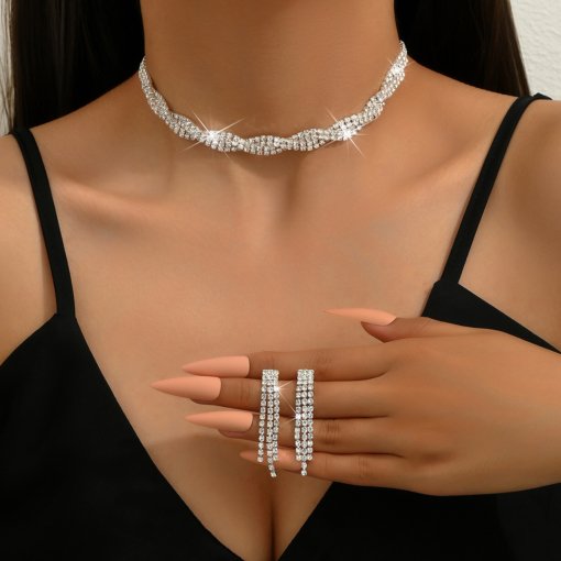 Ornament supply European and American popular wedding dress women's jewelry bride rhinestone quartz necklace two-piece earrings set - 图片 4