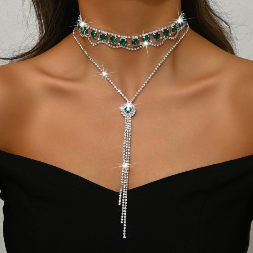 Fashion European and American style banquet double layer neck accessories clavicle chain Internet celebrity bunch necklace sexy Y-shaped necklace necklace full Diamond - 图片 6