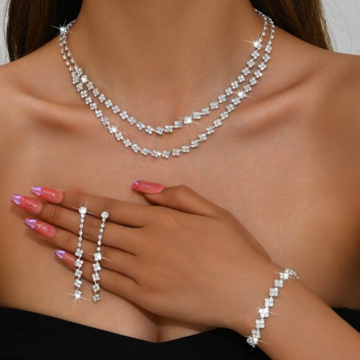 European and American bride wedding dress rhinestone necklace and earrings suite luxury temperament super shiny dinner party jewelry ornament - 图片 4