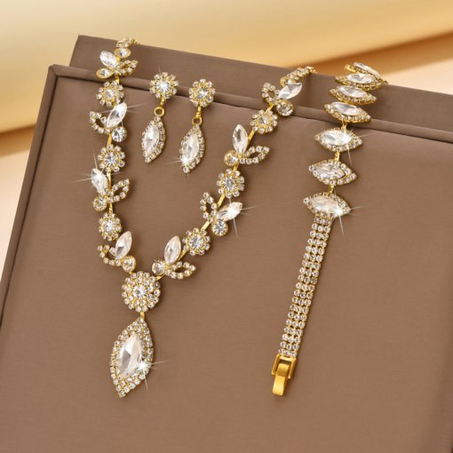 Cross-border supply exquisite claw chain rhinestone crystal earrings and necklace set mild luxury retro leaves flower temperament clavicle - Image 10