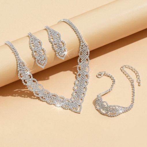 Factory Direct supply rhinestone necklace earrings bracelet three-piece bridal wedding dinner party accessories necklace wholesale - Image 2