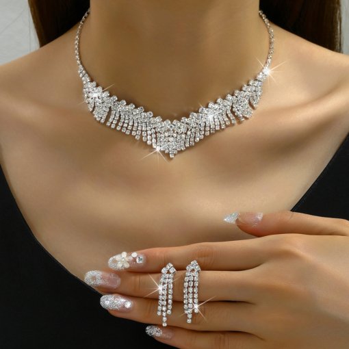 European and American fashion ins style design sexy full rhinestone tassel necklace vintage jewelry bride suit necklace ear stud 563