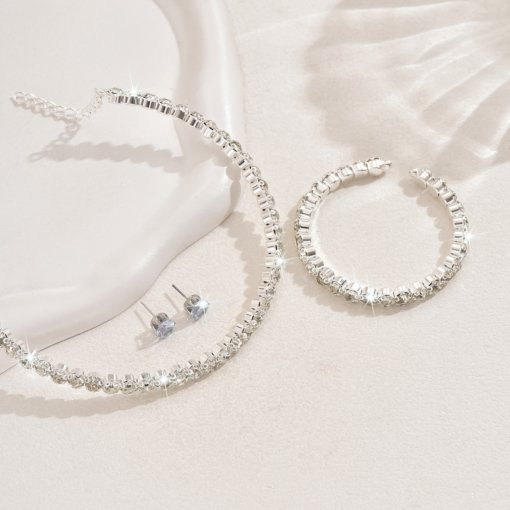 Factory cross-border wedding bride ornament single row Diamond full diamond collar bracelet earrings three-piece set suit wedding accessories - Image 4