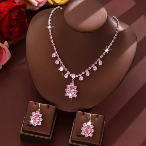 European and american stylish round crystal necklace earrings zircon rhinestone suit hot selling bride ornament wholesale ruby - 图片 7