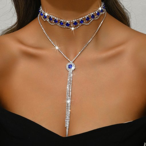 Fashion European and American style banquet double layer neck accessories clavicle chain Internet celebrity bunch necklace sexy Y-shaped necklace necklace full Diamond - 图片 2