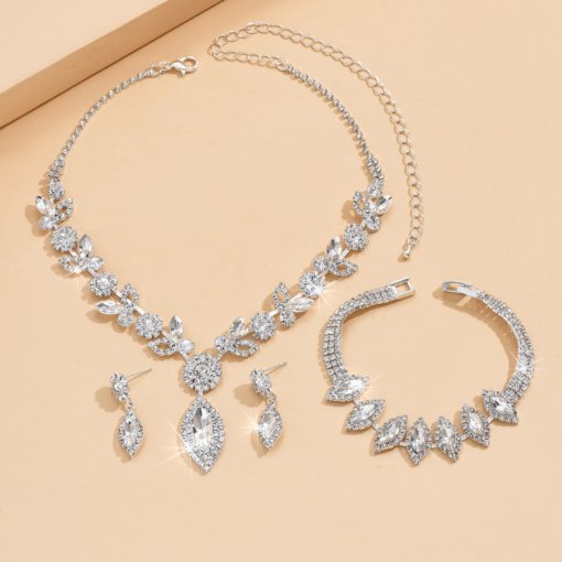 Cross-border European and American ornament wholesale bridal white crystal flower jewelry suit fashion banquet wedding necklace accessories - 图片 2