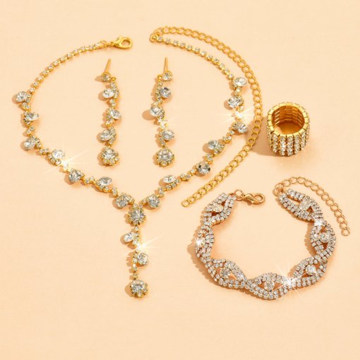 Jewelry suit brand new shiny inlaid full Diamond women's wedding supplies ornament necklace earring bracelet ring - Image 7