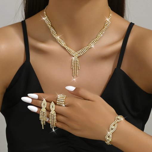Jewelry suit fashion and fully-jewelled tassel jewelry suit five-piece set necklace ear stud bracelet stretch ring - Image 4
