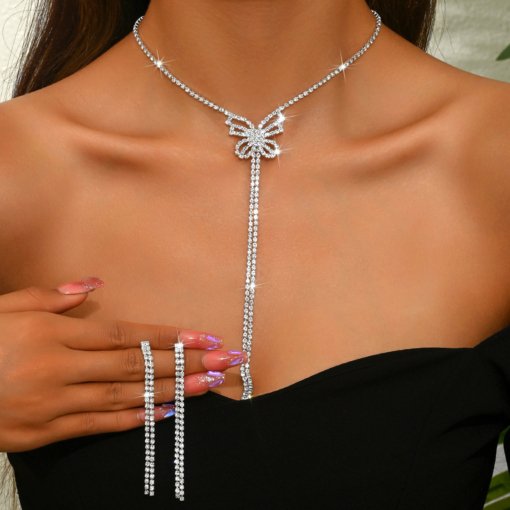 Factory batch high-grade bowknot love claw chain earrings necklace all-match light luxury clavicle chain Jewelry Set - 图片 6