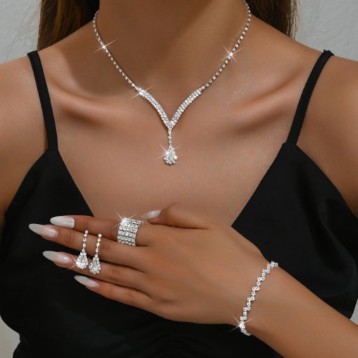 Fashion simple V-shaped water drop necklace earrings bracelet ring ornament full diamond suit bride formal dress accessories