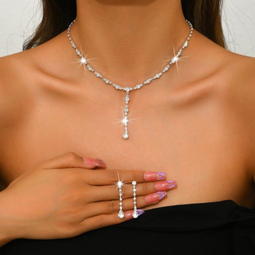 Cross-border hot water drop necklace and earrings suite rhinestone bridal wedding jewelry set premium affordable luxury fashion accessories - 图片 2
