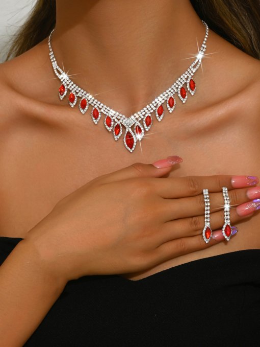 Bridal wedding dress necklace earrings bracelet suit shiny diamond-embedded fashion wedding jewelry ornament three-piece set hot sale - 图片 11