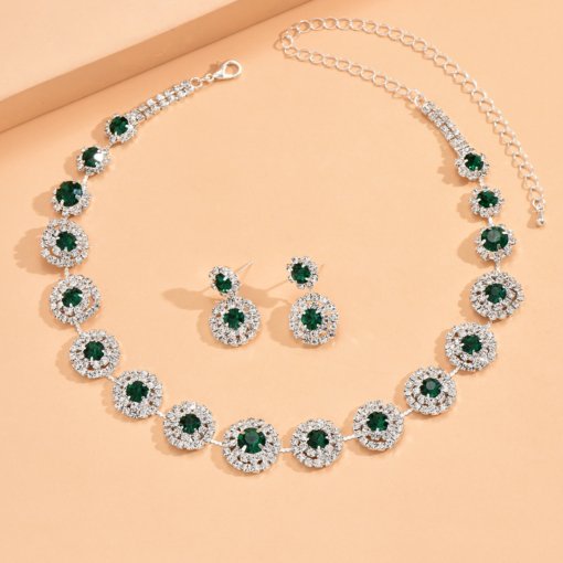 Cross-border hot jewelry suit luxury wedding party women's ornament round rhinestone quartz necklace and earring suit suit - 图片 7