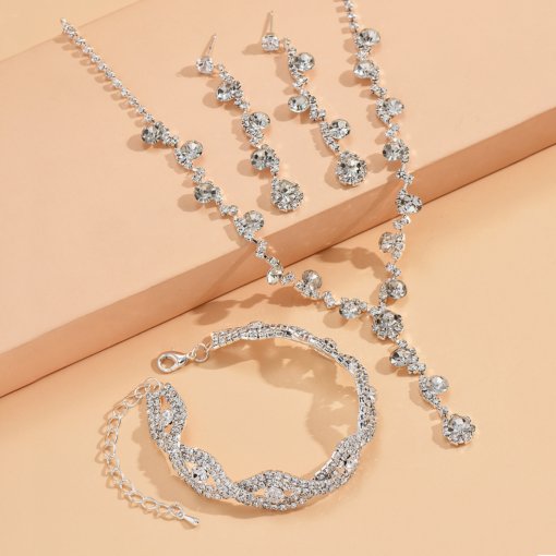 Jewelry suit brand new shiny inlaid full Diamond women's wedding supplies ornament necklace earring bracelet three-piece set - Image 6